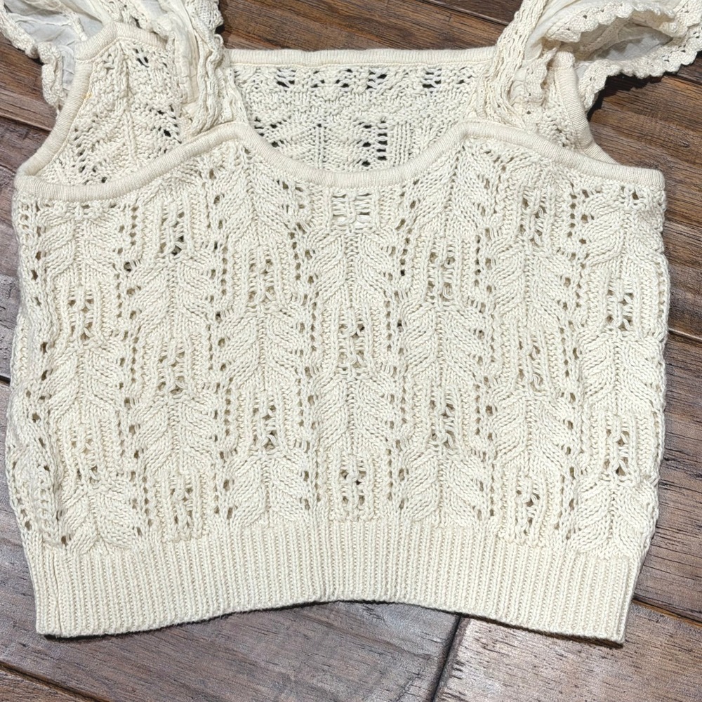 Anthropologie Ruffled Garden Crochet Knit Tank Cream Square Neck Pointelle XS - Picture 8 of 9